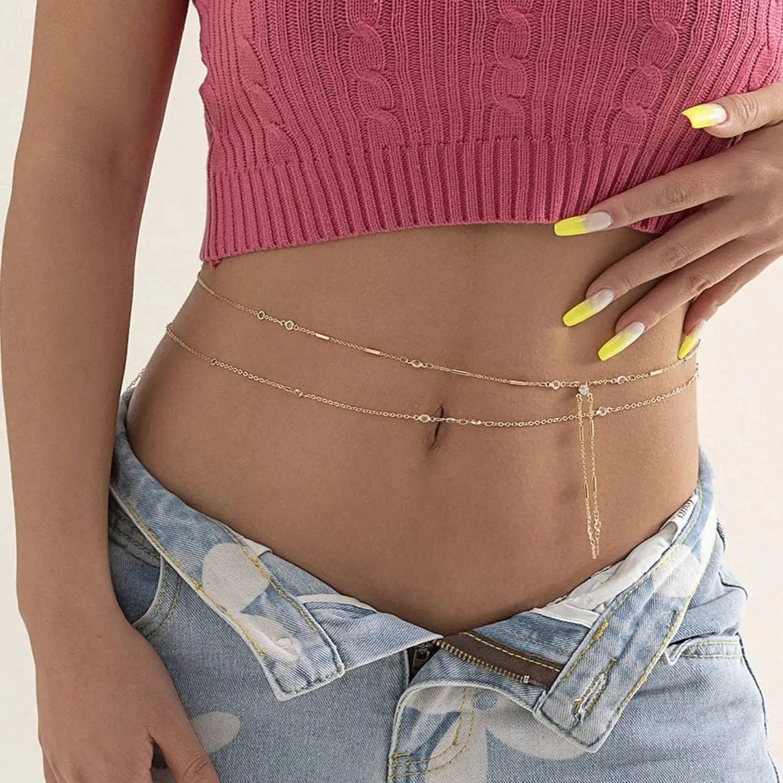 Chaîne de Taille Double Couche à Pompons - Bijou de Corps Plage Bikini