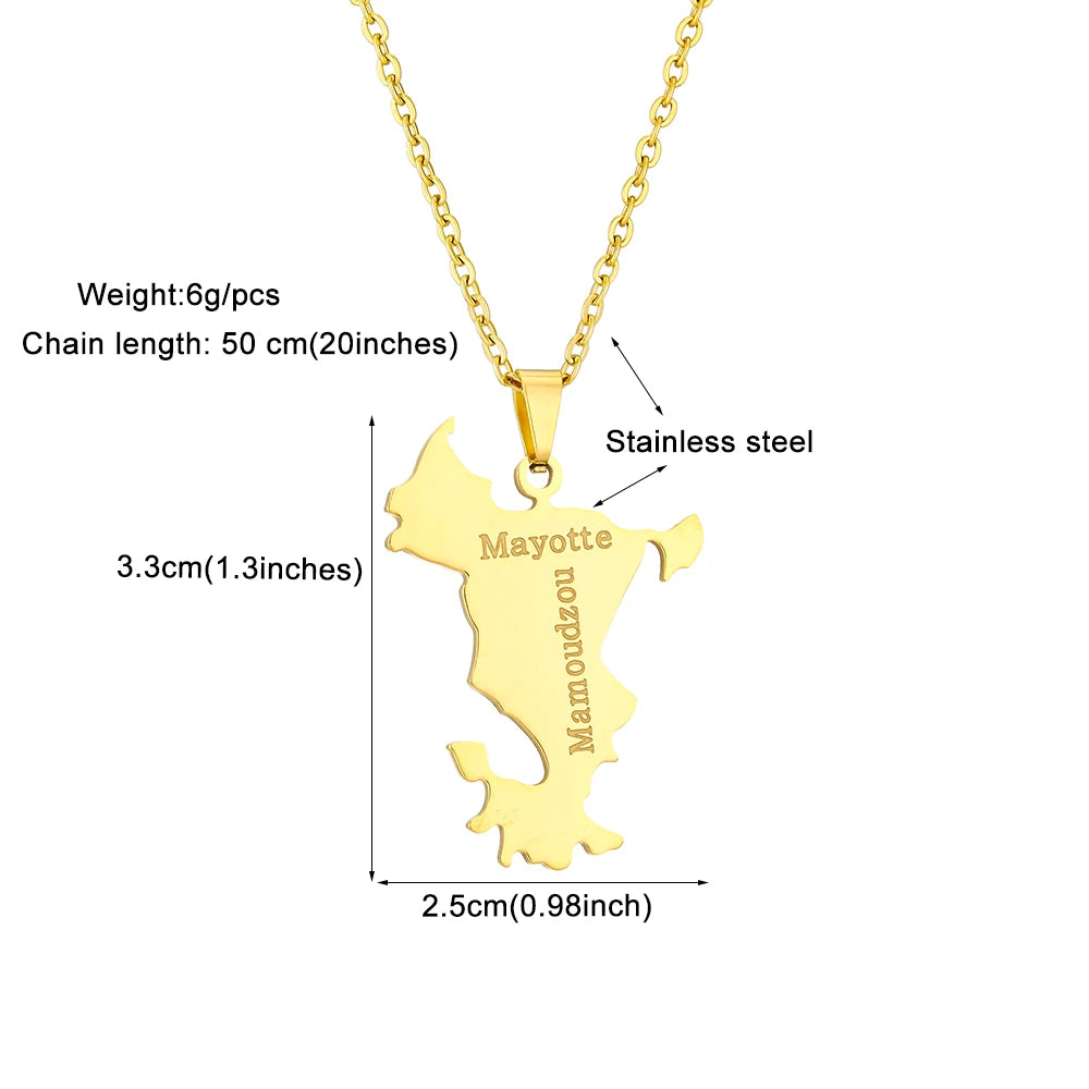 Stainless Steel French Mayotte Map Pendant Necklace Unisex Couple Ethnic Patriotic Jewelry Gift European American Style