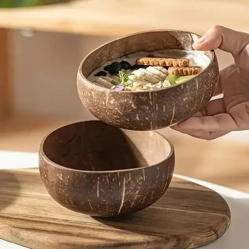 Bols en Noix de Coco Naturels 6/1PCS - Vaisselle en Bois Réutilisable pour Salade et Service