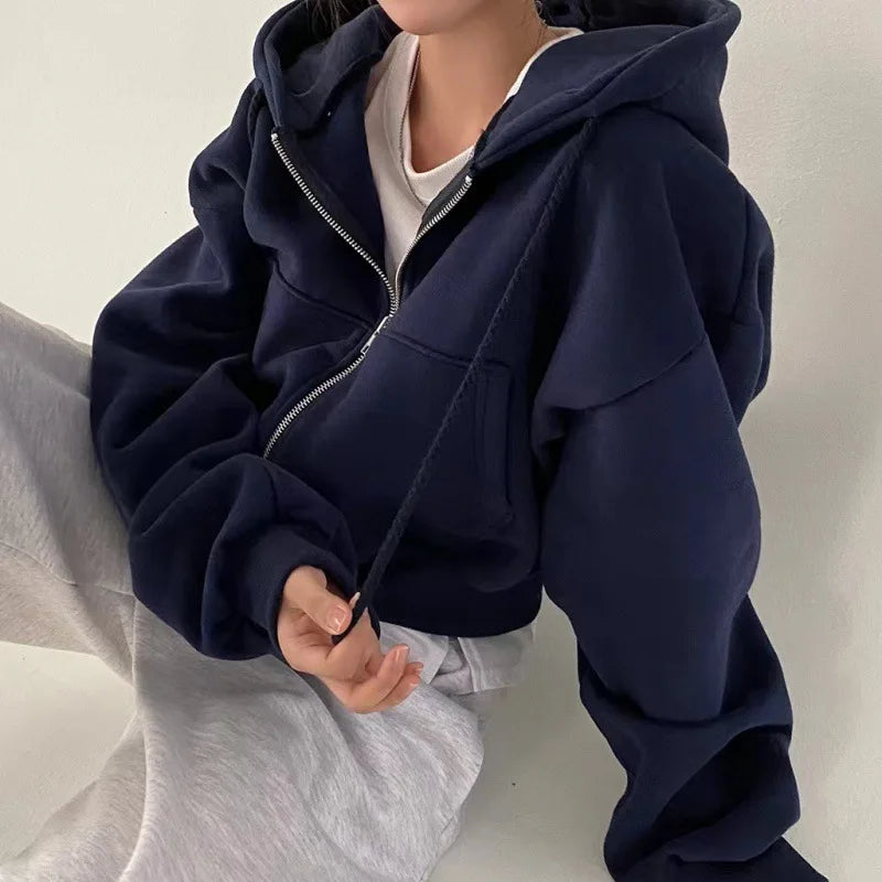 Sweat-shirt à capuche bleu marine pour femme, coupe courte, polyvalent et doublé polaire, coupe lisse, fermeture éclair, chaud, collection printemps-automne 2024
