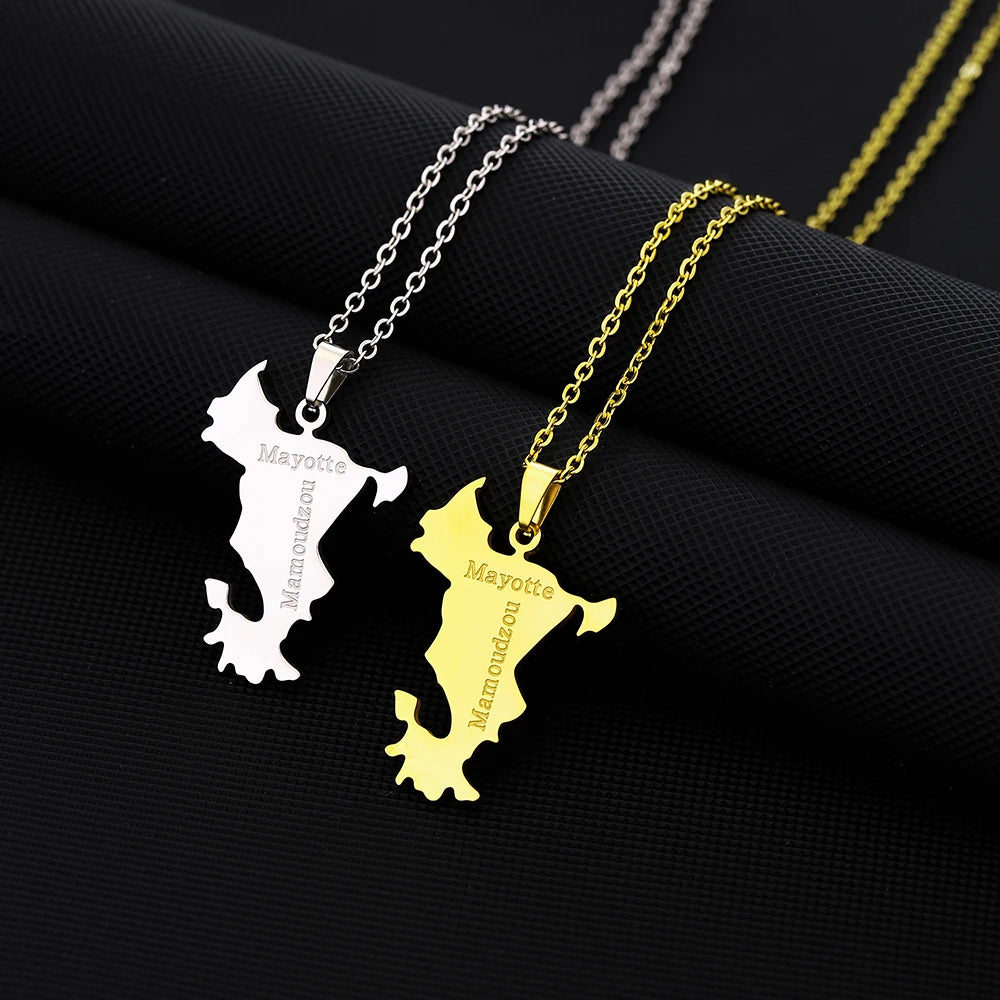 Stainless Steel French Mayotte Map Pendant Necklace Unisex Couple Ethnic Patriotic Jewelry Gift European American Style