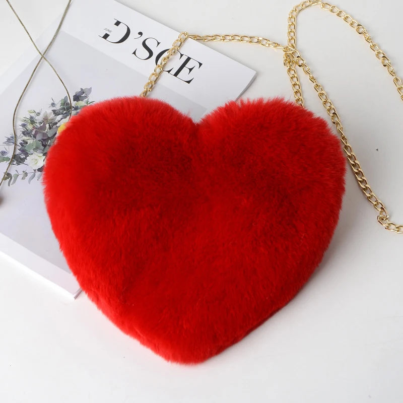 Sac à Main Cœur en Fausse Fourrure - Sac Bandoulière Peluche Chaîne