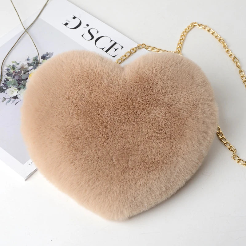 Sac à Main Cœur en Fausse Fourrure - Sac Bandoulière Peluche Chaîne