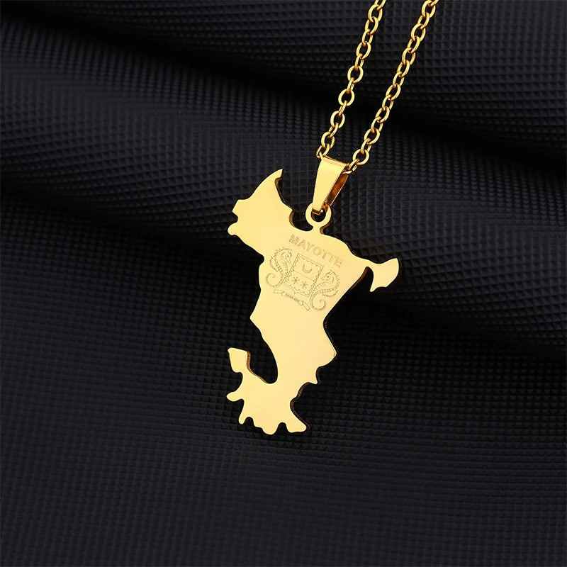 Stainless Steel French Mayotte Map Pendant Necklace Unisex Couple Ethnic Patriotic Jewelry Gift European American Style