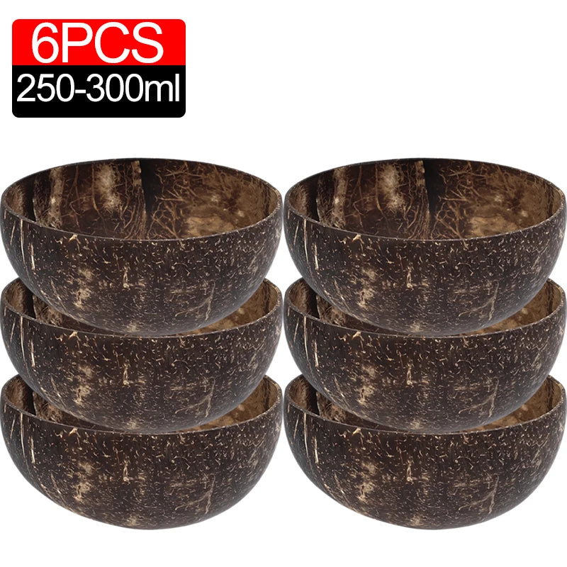 Bols en Noix de Coco Naturels 6/1PCS - Vaisselle en Bois Réutilisable pour Salade et Service
