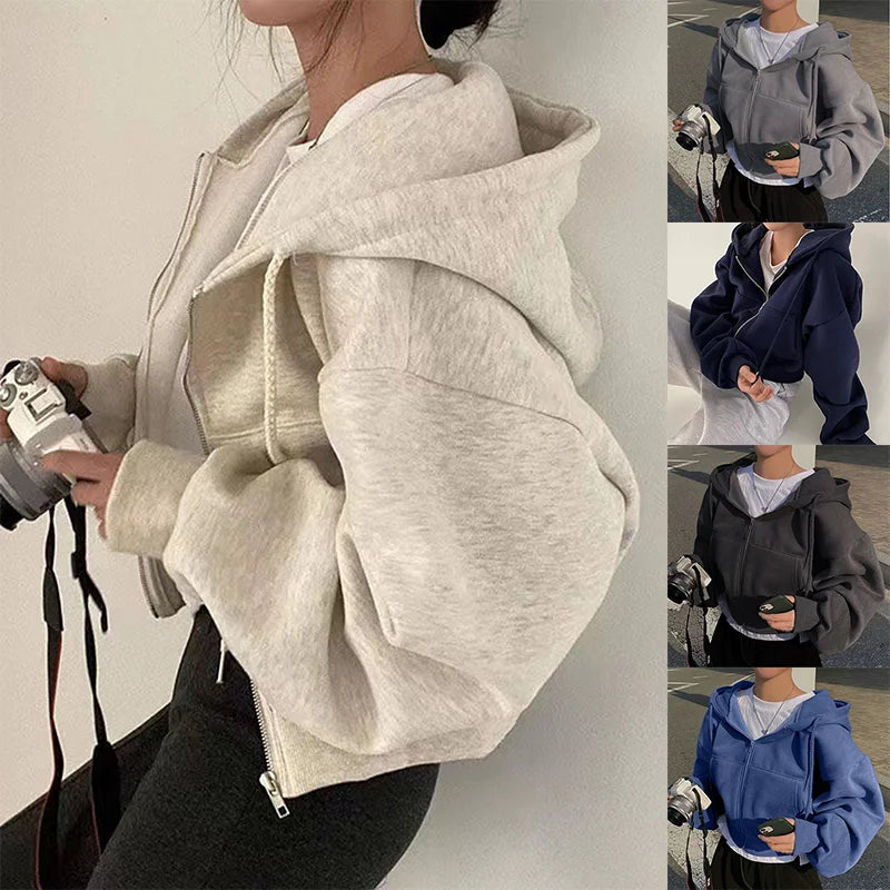 Sweat-shirt à capuche bleu marine pour femme, coupe courte, polyvalent et doublé polaire, coupe lisse, fermeture éclair, chaud, collection printemps-automne 2024