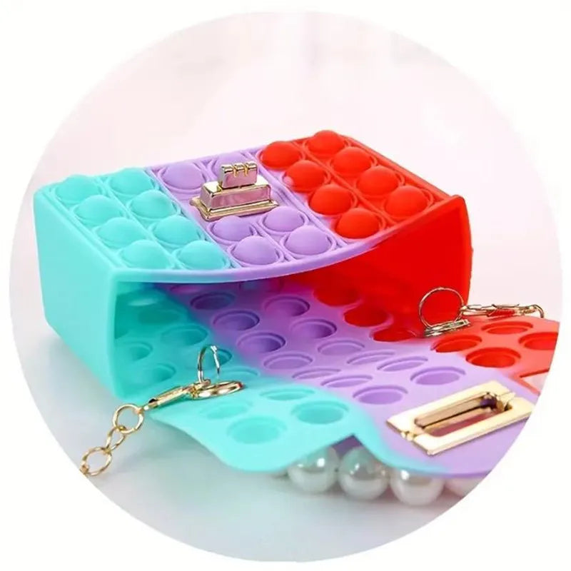 Sac Silicone Pop It Anti-Stress - Sac à Main Bulles avec Anse Perles