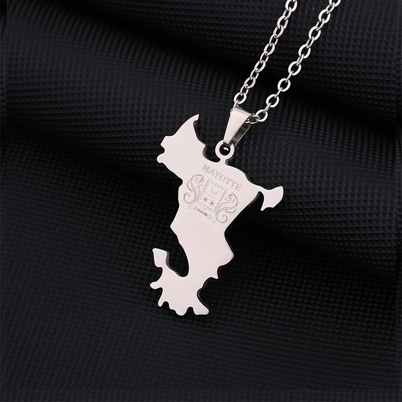 Stainless Steel French Mayotte Map Pendant Necklace Unisex Couple Ethnic Patriotic Jewelry Gift European American Style