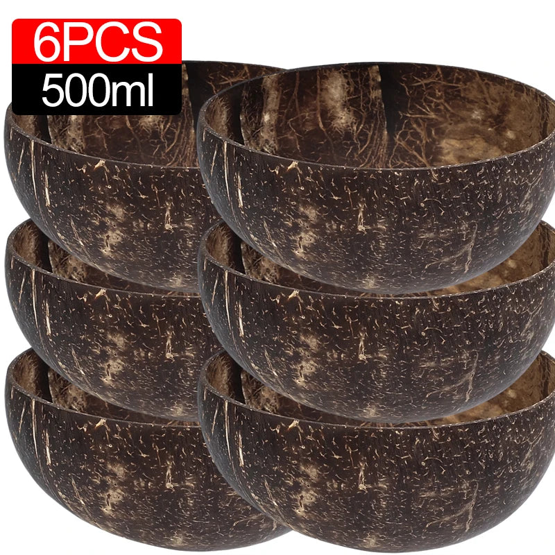 Bols en Noix de Coco Naturels 6/1PCS - Vaisselle en Bois Réutilisable pour Salade et Service