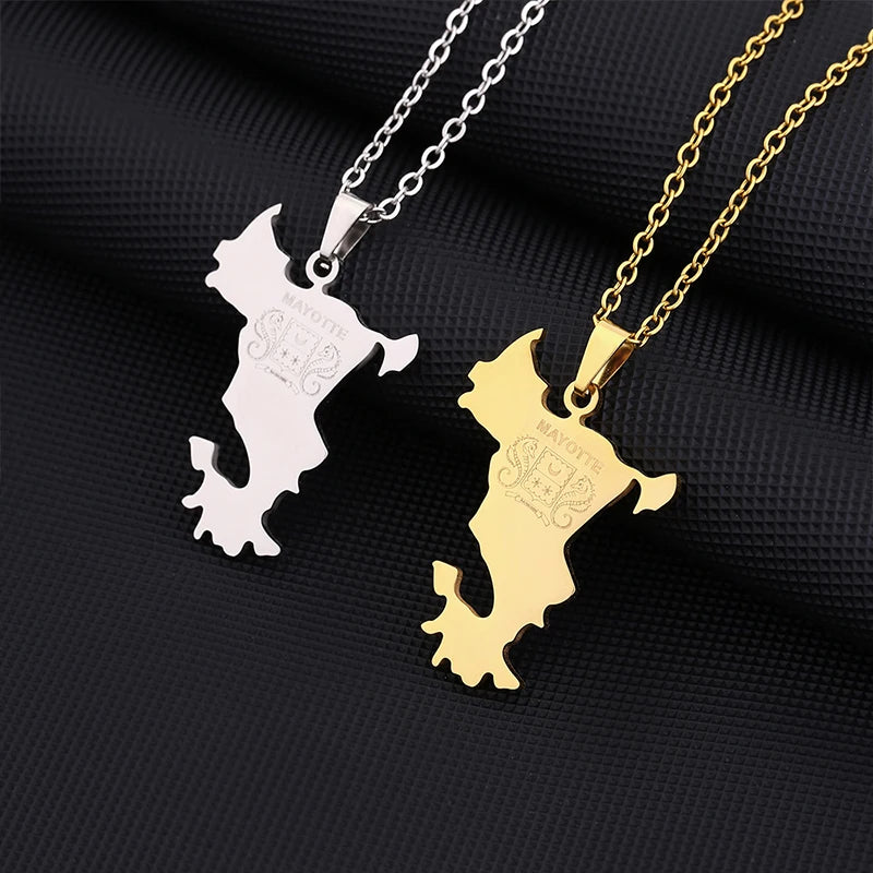 Stainless Steel French Mayotte Map Pendant Necklace Unisex Couple Ethnic Patriotic Jewelry Gift European American Style