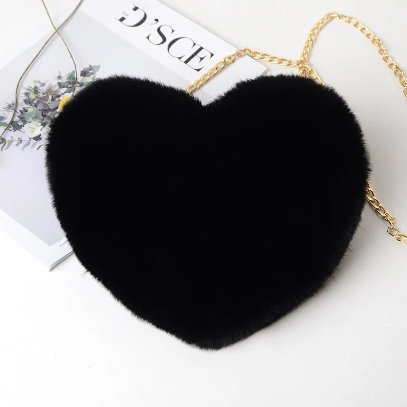 Sac à Main Cœur en Fausse Fourrure - Sac Bandoulière Peluche Chaîne