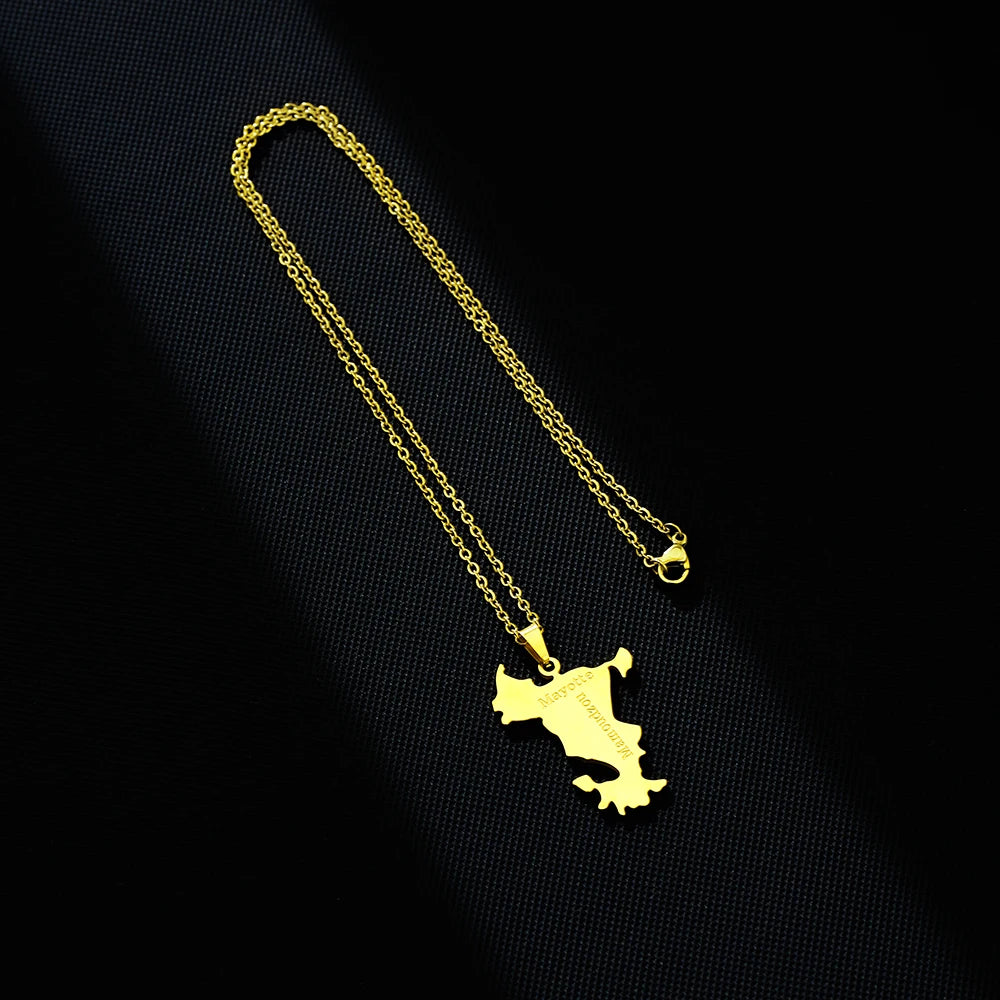 Stainless Steel French Mayotte Map Pendant Necklace Unisex Couple Ethnic Patriotic Jewelry Gift European American Style