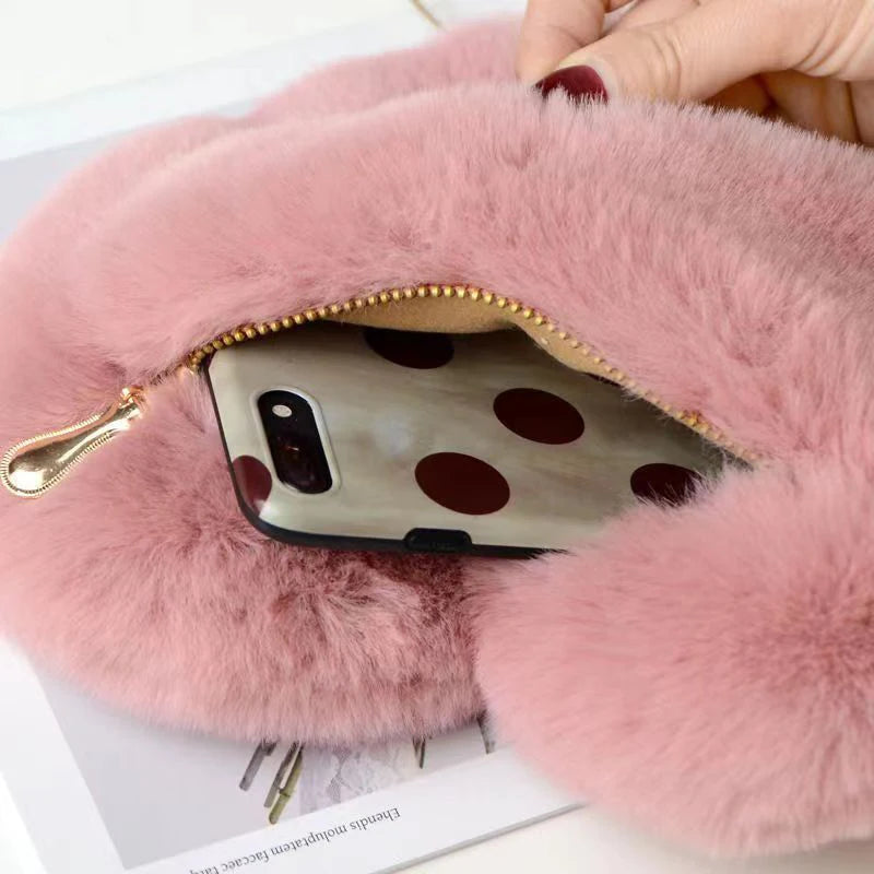 Sac à Main Cœur en Fausse Fourrure - Sac Bandoulière Peluche Chaîne