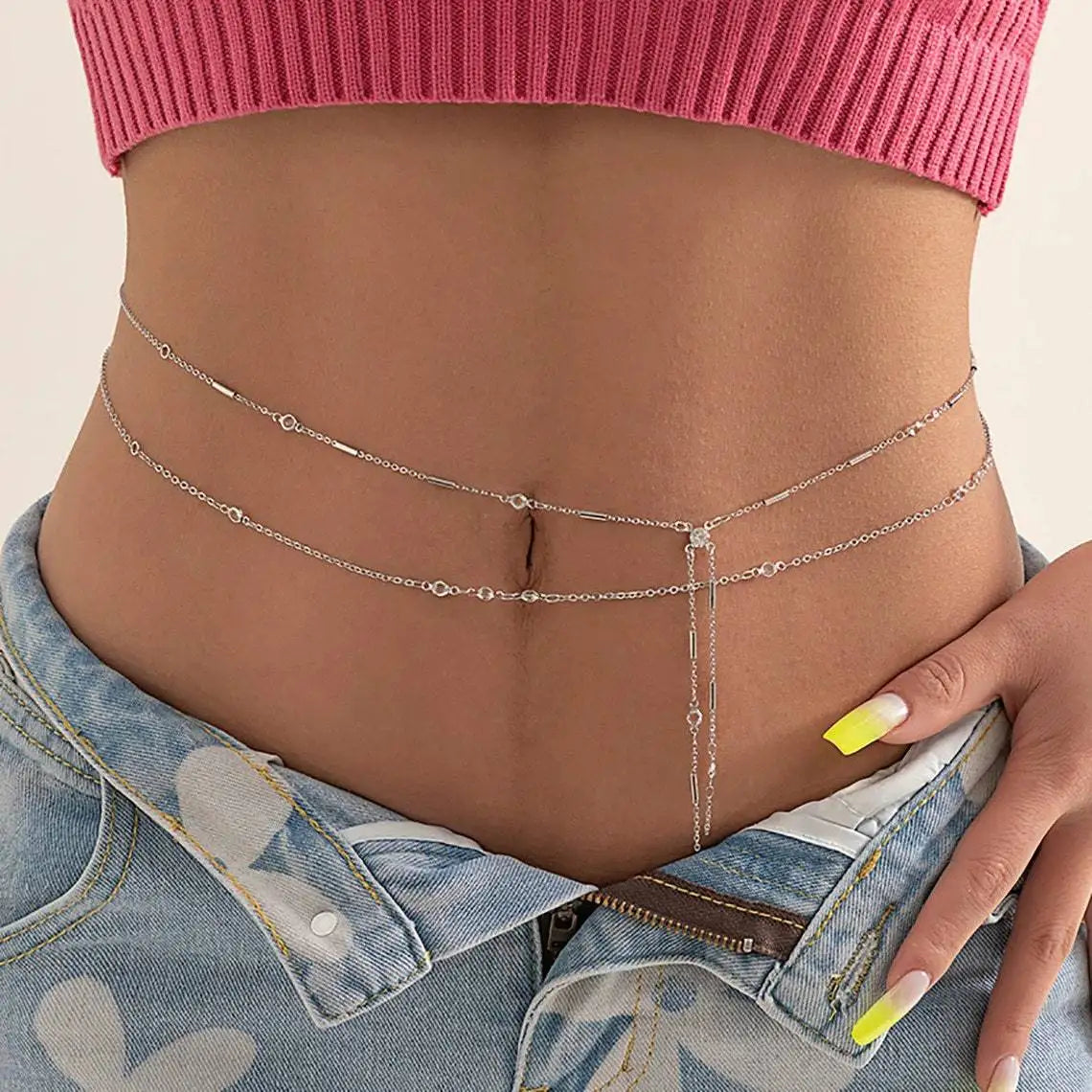 Chaîne de Taille Double Couche à Pompons - Bijou de Corps Plage Bikini