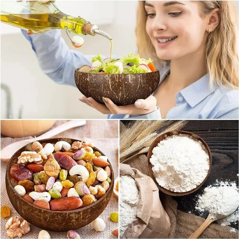 Bols en Noix de Coco Naturels 6/1PCS - Vaisselle en Bois Réutilisable pour Salade et Service