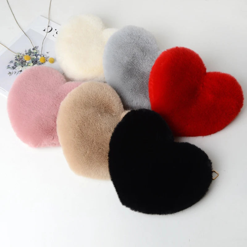 Sac à Main Cœur en Fausse Fourrure - Sac Bandoulière Peluche Chaîne