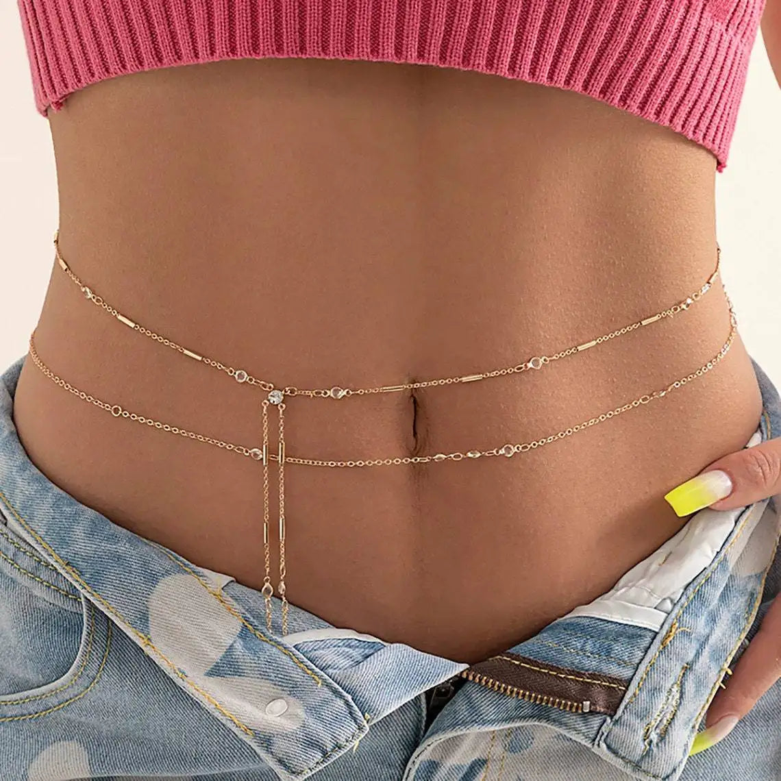 Chaîne de Taille Double Couche à Pompons - Bijou de Corps Plage Bikini