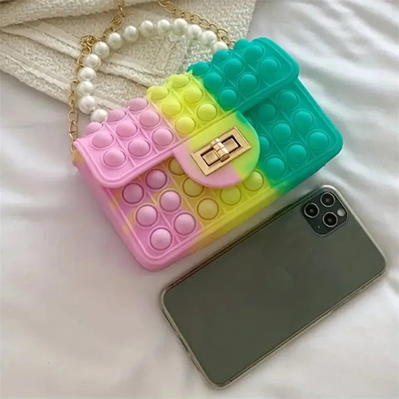 Sac Silicone Pop It Anti-Stress - Sac à Main Bulles avec Anse Perles