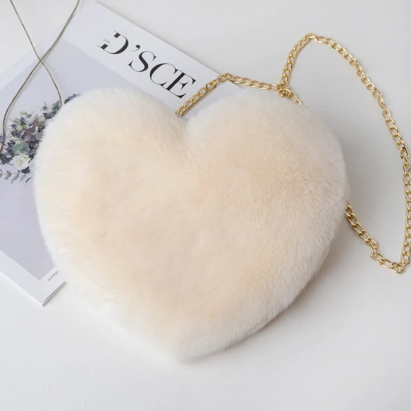 Sac à Main Cœur en Fausse Fourrure - Sac Bandoulière Peluche Chaîne