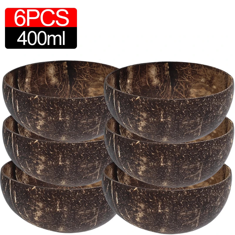 Bols en Noix de Coco Naturels 6/1PCS - Vaisselle en Bois Réutilisable pour Salade et Service