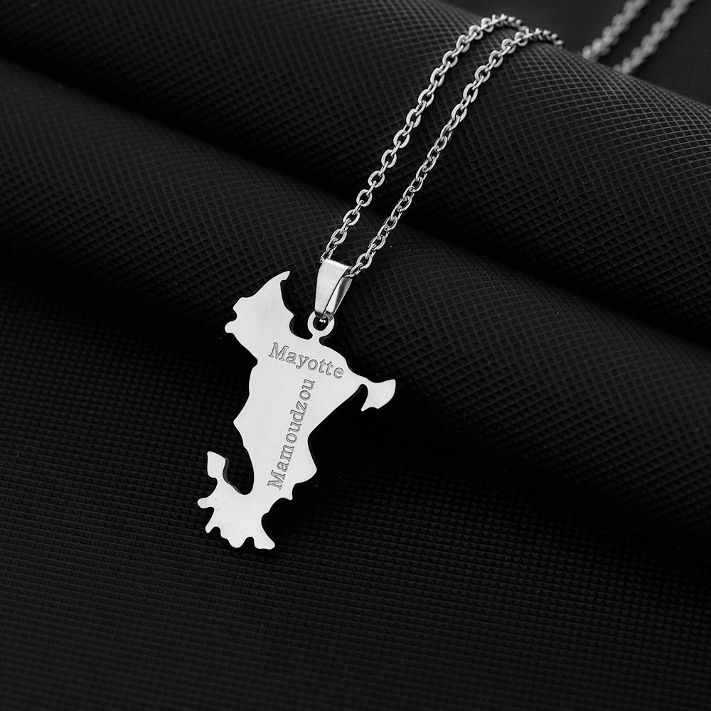 Stainless Steel French Mayotte Map Pendant Necklace Unisex Couple Ethnic Patriotic Jewelry Gift European American Style