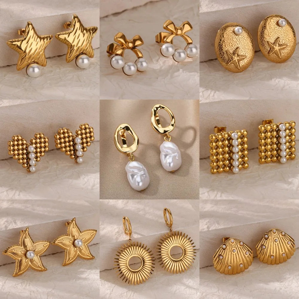 Boucles d'Oreilles Perles Femme - Acier Inoxydable Doré Tendance 2024