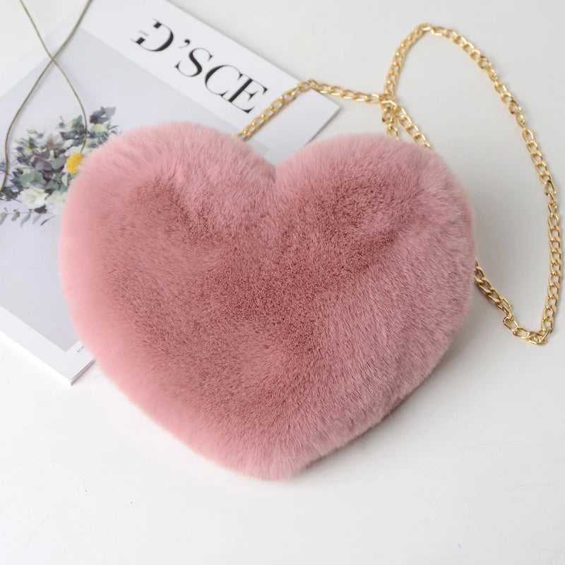 Sac à Main Cœur en Fausse Fourrure - Sac Bandoulière Peluche Chaîne