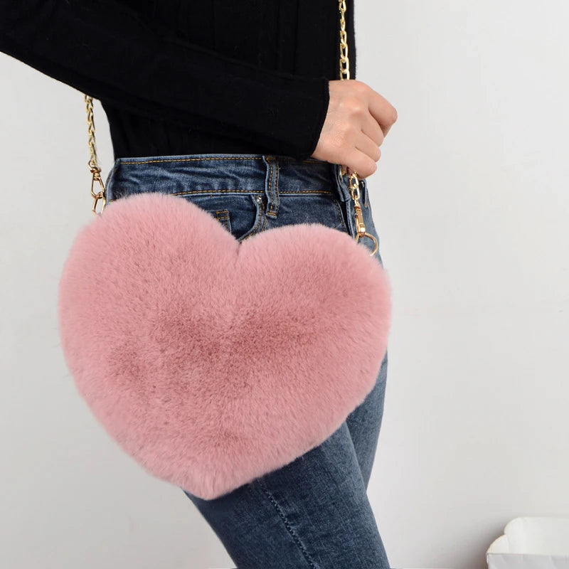 Sac à Main Cœur en Fausse Fourrure - Sac Bandoulière Peluche Chaîne