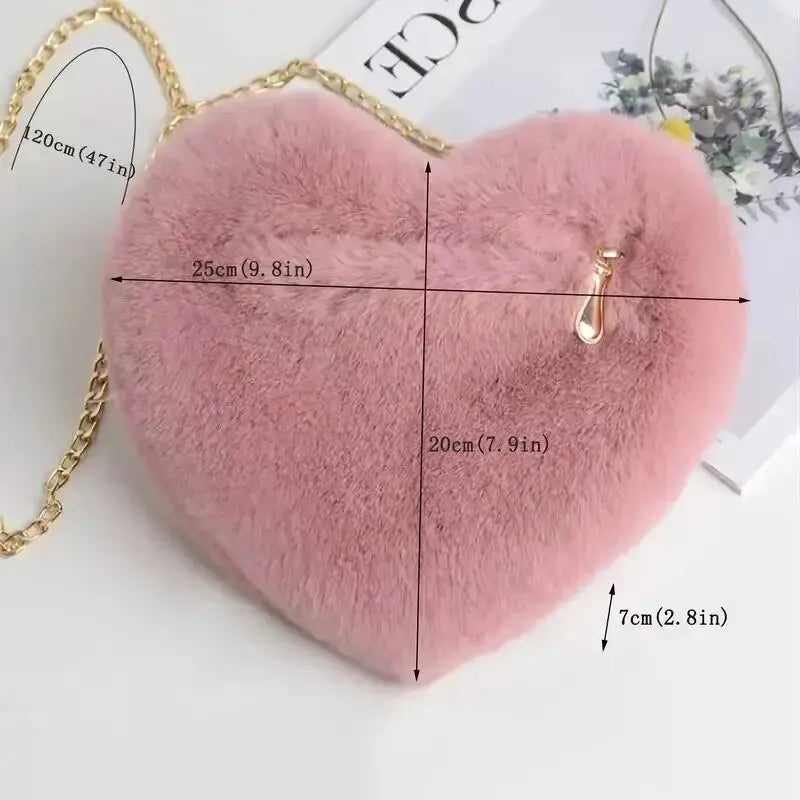 Sac à Main Cœur en Fausse Fourrure - Sac Bandoulière Peluche Chaîne