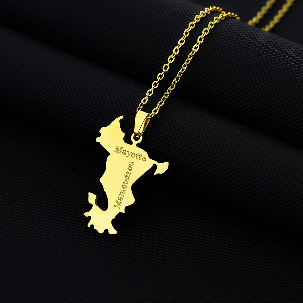 Stainless Steel French Mayotte Map Pendant Necklace Unisex Couple Ethnic Patriotic Jewelry Gift European American Style